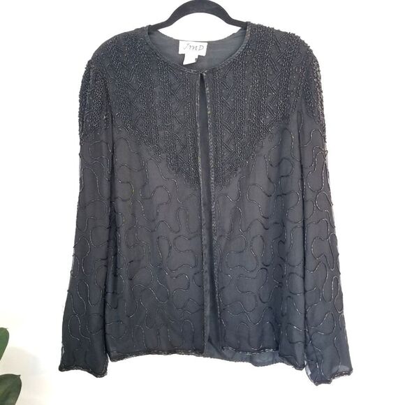 Vintage JMD New York 100% Silk Black Sequined Beaded Evening Blazer Jacket L - Picture 1 of 12